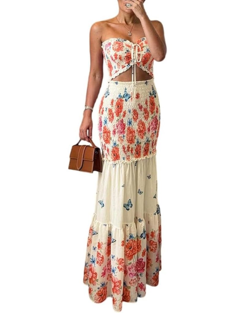 Women's Apricot Floral Printed Halter Tie Ruched Shirred Ruffle Hem Dress